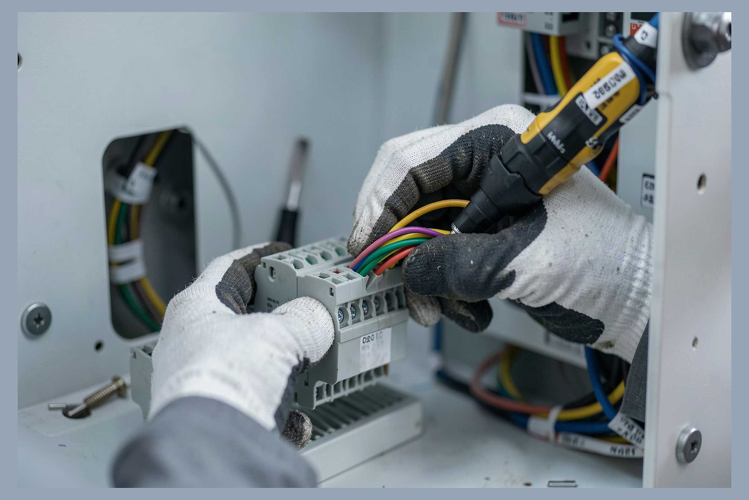 Technician terminating a color-coded wire onto a DIN rail terminal block inside an industrial control panel