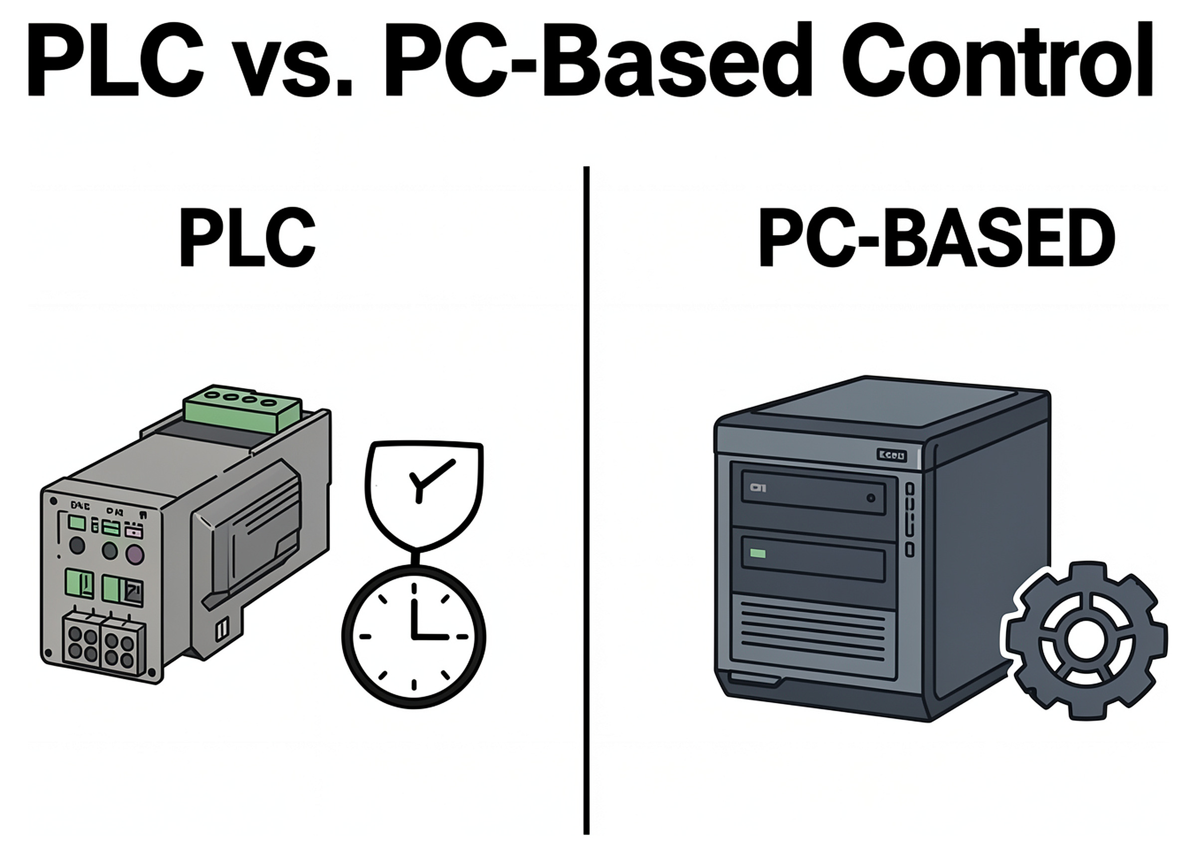 PLC vs. PC-based control comparison: a rugged PLC controller module on the left, an industrial PC chassis on the right